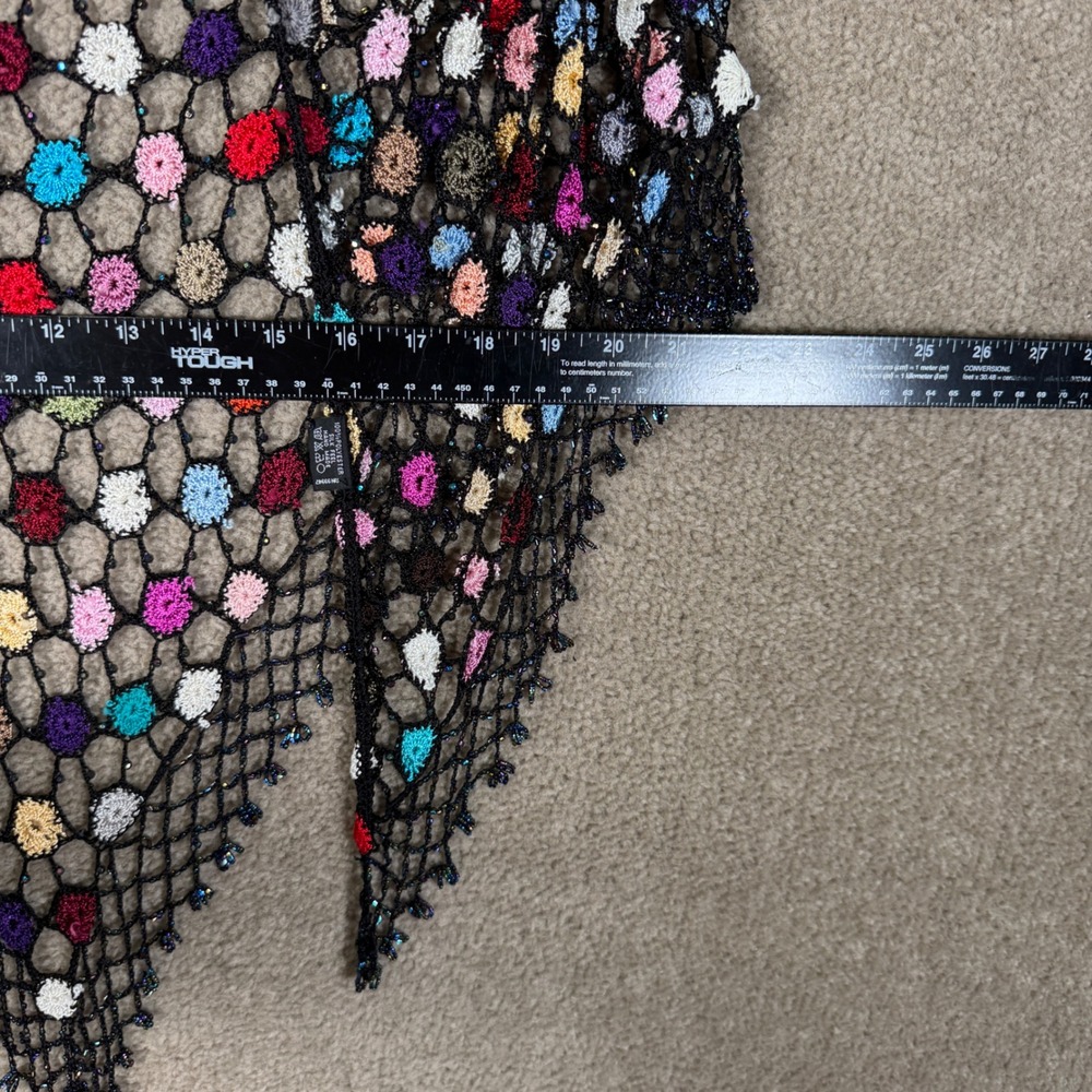 Artsy Crochet Shawl Women One Size Black Multi Color Beaded Fringe Boho Wrap - Picture 6 of 10